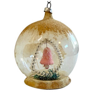 Vintage Diorama Glass Globe Ornament with Mica West Germany Pink Bell Sugar 3.5"